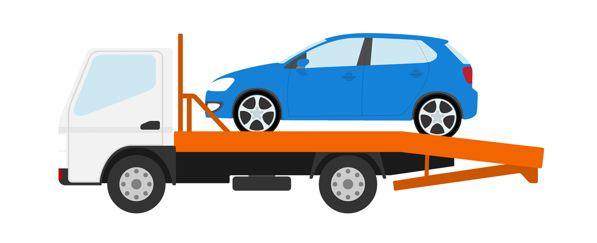A blue car is loaded onto a white tow truck with an orange flatbed, illustrating vehicle recovery or transportation services.
